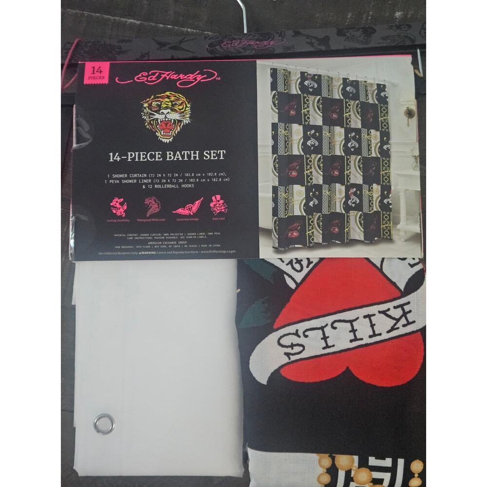 Ed Hardy 14 piece shower curtain set black gold love kills slowly NWT gold chain